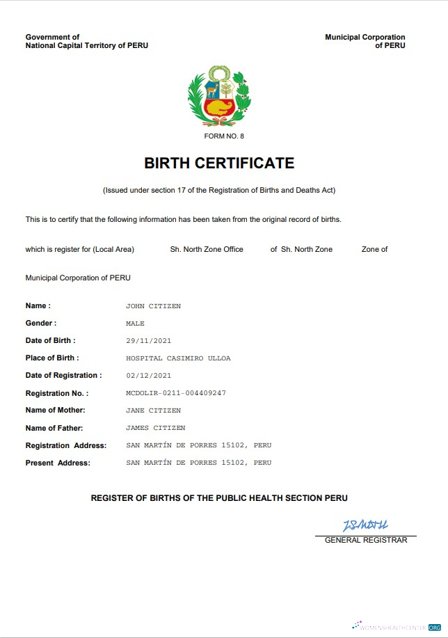 Download Peru birth certificate Word and PDF template Photoshop template